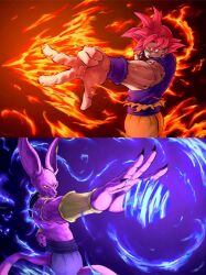  2boys alien animal_ears beerus blue_shirt colored_skin dragon_ball dragon_ball_super earrings highres jewelry jujutsu_kaisen multiple_boys muscular muscular_male orange_pants outstretched_arm pants purple_skin red_eyes red_hair shirt son_goku super_saiyan super_saiyan_god sydoria 