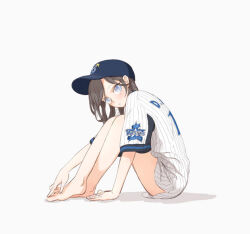  1girl arakawa_(aintnoroom) arm_support barefoot baseball_cap baseball_uniform blue_hat commentary_request copyright_request from_side full_body grey_hair hand_on_own_foot hat looking_at_viewer original shadow shirt shorts simple_background sitting solo sportswear striped_clothes striped_shirt striped_shorts white_background white_shirt white_shorts 