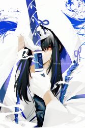  1girl absurdres black_hair blue_bow blue_streaks bow commentary_request drawing_sword frown_lines gloves highres holding holding_sword holding_weapon hood hooded_kimono japanese_clothes katana kimono limbus_company long_hair looking_at_viewer multicolored_hair ootachi patterned_background project_moon red_eyes rombit_peace rope scabbard sheath shimenawa shiomi_yoru_(project_moon) shiromuku smoke solo streaked_hair sword tassel uchikake unsheathing upper_body wataboushi weapon white_gloves white_hood white_kimono wide_sleeves 
