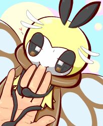 artist_name blush bug closed_eyes closed_mouth colored_skin commentary_request finger_sucking green_background heart hug pokemon pokemon_(creature) pov pov_hands ribombee sanusanu signature smile yellow_skin 