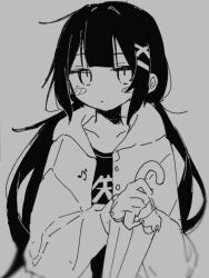  1girl black_hair black_shirt blunt_bangs blush blush_stickers closed_mouth commentary expressionless grey_background grey_hoodie greyscale hair_ornament holding holding_umbrella hood hood_down hoodie inabakumori jitome long_hair long_sleeves looking_at_viewer loose_hair_strand low_twintails monochrome nnnnii_o0 osage_(nukunuku_nigirimeshi) shirt sidelocks simple_background solo twintails umbrella very_long_hair x_hair_ornament 