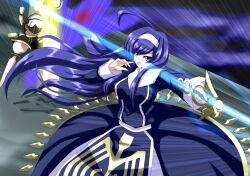  1girl ahoge armor armored_dress benitsuki_tokei blue_dress blue_eyes blue_hair breasts clothes_lift collar commentary_request detached_collar dress dress_lift familiar glowing glowing_sword glowing_weapon hairband highres holding holding_sword holding_weapon huge_ahoge large_breasts left-handed long_dress long_hair long_sidelocks long_sleeves looking_at_viewer motion_lines nun open_mouth orie_ballardiae_harada puritan_collar rapier sidelocks solo swept_bangs sword under_night_in-birth very_long_hair weapon white_collar white_hairband wide_sleeves 