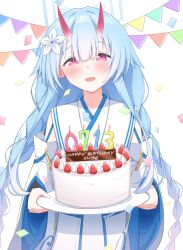  1girl :d birthday_cake blue_archive blue_hair blue_halo blunt_bangs blush braid cake candle center-flap_bangs character_name chise_(blue_archive) commentary confetti cowboy_shot dated detached_sleeves dress flower food fruit hair_flower hair_ornament halo happy happy_birthday highres holding holding_cake holding_food horns japanese_clothes kimono long_hair long_sleeves looking_at_viewer low_twintails oni open_mouth red_eyes red_horns red_pupils simple_background skin-covered_horns sleeveless sleeveless_kimono smile solo strawberry twin_braids twintails very_long_hair white_background white_dress white_flower wide_sleeves yamichi_(yamichi8369) 