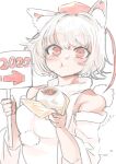  1girl 2022 animal_ear_fluff animal_ears baozi bare_shoulders breasts closed_mouth eating food hat highres holding holding_food holding_sign inubashiri_momiji looking_at_viewer pom_pom_(clothes) red_eyes shirt short_hair sign solo teeth tokin_hat touhou upper_body white_background white_hair white_shirt white_sleeves wolf_ears wolf_girl yoyoiro_(sysi20) 