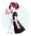  1girl absurdres alternate_costume apron arima_kana arm_at_side black_dress cropped_legs dress enmaided from_side grey_background hand_up highres m.tokotsu maid maid_apron maid_headdress oshi_no_ko puffy_short_sleeves puffy_sleeves red_eyes redhead short_hair short_sleeves smile white_apron white_background wrist_cuffs 