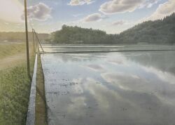  abe_toshiyuki blue_sky clouds commentary_request day forest highres nature original outdoors painting_(medium) reflection reflective_liquid rice_paddy scenery sky traditional_media tree utility_pole watercolor_(medium) 