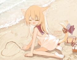  1girl :d ^_^ afterimage animal_ear_fluff backless_dress backless_outfit bare_arms bare_shoulders barefoot beach black_sailor_collar blonde_hair brown_sandals closed_eyes commentary_request day dirty dirty_feet drawing_on_sand dress facing_viewer full_body hair_between_eyes heart long_hair original outdoors sailor_collar sailor_dress sand sandals sleeveless sleeveless_dress smile solo tail tail_wagging unworn_sandals waka_(yuuhagi_(amaretto-no-natsu)) water watermark white_dress yuuhagi_(amaretto-no-natsu) 