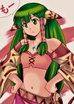  1girl closed_mouth commentary_request feena_(grandia) grandia grandia_i green_eyes green_hair hair_ornament hair_tubes jewelry long_hair midriff navel necklace okobore_de_shou skirt solo wide_sleeves 