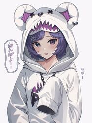  1girl animal_hood bear_hood blue_eyes blush breasts commentary fangs hair_ornament hairclip highres hood hood_up hoodie jewelry long_sleeves looking_at_viewer necklace nijisanji nijisanji_en open_mouth purple_hair selen_tatsuki selen_tatsuki_(3rd_costume) short_hair slit_pupils solo soybean_(hisoybean) symbol-only_commentary translated violet_eyes virtual_youtuber white_hoodie x_hair_ornament 