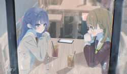  2girls blue_eyes blue_hair braid brown_dress cardigan center-flap_bangs closed_mouth commentary_request cup dollchestra dress drinking_glass drinking_straw from_outside grey_cardigan hasu_no_sora_school_uniform highres ice ice_cube kachimachi_kosuzu long_hair long_sleeves love_live! love_live!_hasu_no_sora_jogakuin_school_idol_club multiple_girls murano_sayaka neckerchief reitou_mkn sailor_collar sailor_dress school_uniform side_braids signature smile tea virtual_youtuber white_sailor_collar window yellow_neckerchief 