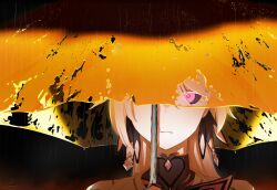  1girl absurdres black_background black_eyes closed_mouth collar commentary_request earrings expressionless feather_earrings feathers highres honkai_(series) honkai_impact_3rd jewelry kujisho0312 long_hair pink_eyes rain sa_(honkai_impact) solo transparent transparent_umbrella umbrella water_drop 