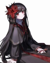  1girl armband black_capelet black_hair black_shirt black_skirt capelet closed_mouth collared_shirt commentary_request crown flower hair_flower hair_ornament highres holding holding_pen layered_skirt long_hair long_skirt long_sleeves looking_at_viewer mahou_shoujo_no_majo_saiban mini_crown necktie nikaido_hiro overskirt pen plaid_clothes plaid_skirt red_armband red_eyes red_flower red_necktie red_skirt sakana_clo shirt side_capelet simple_background sitting skirt smile solo white_background white_shirt 