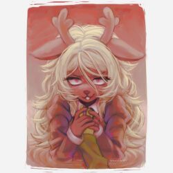  1girl 1other animal_ears antlers black_sleeves blonde_hair buck_teeth colored_skin deer_antlers deer_ears deer_girl deltarune evil_smile green_shirt hand_grab highres horns long_hair long_sleeves looking_at_viewer noelle_holiday partially_submerged red_eyes red_nose reindeer_antlers rkgkrabu shirt smile spoilers teeth utdr_(toby_fox) weird_route_(deltarune) yellow_skin 