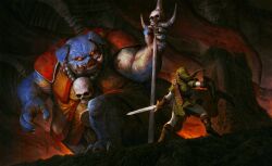  2boys battle champion's_tunic_(zelda) dave_rapoza fighting_stance ganon ganondorf highres holding holding_shield holding_sword holding_weapon link male_focus master_sword monster monster_boy multiple_boys pointy_ears shield sword the_legend_of_zelda tunic weapon 