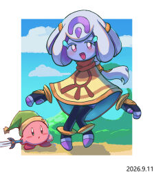  1girl anklet black_gloves black_pantyhose blue_sky blush border clouds colored_skin commentary_request dated day fingerless_gloves full_body gloves green_hat hair_ornament happy hat highres holding holding_sword holding_weapon jewelry kirby kirby_(series) kirby_and_the_world_beyond knees_together_feet_apart long_hair looking_at_viewer multicolored_hair mysterious_girl_(kirby_and_the_world_beyond) no_sclera open_mouth outdoors outside_border pantyhose pink_eyes ponytail purple_hair purple_shorts purple_skin rayman_limbs short_shorts shorts sidelocks sky smile solo_focus standing sword toeless_legwear two-tone_hair weapon white_border white_hair xia6230713 yellow_cloak 