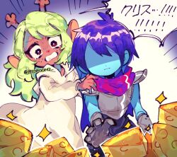  1girl 1other androgynous antlers armor artist_name black_bodysuit bodysuit breastplate brown_eyes cape cheese colored_skin commentary_request cowboy_shot deer_antlers deer_girl deltarune dot_nose dripping_eye emphasis_lines expressionless food freckles furry furry_female gauntlets green_hair hands_on_another's_shoulders hood hood_down hooded_robe horns kris_(dark_world)_(deltarune) kris_(deltarune) long_hair loose_hair_strand no_eyes noelle_holiday noelle_holiday_(dark_world) pauldrons peanut_mouth pink_cape purple_background purple_hair raised_inner_eyebrows reaching red_nose repikinoko robe scared shaded_face short_hair shoulder_armor sidelocks speech_bubble sweat swiss_cheese translation_request turn_pale twitter_username two-tone_background utdr_(toby_fox) white_background white_robe 