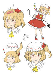 ! 1girl :< :3 ascot blonde_hair chii-kun_(seedyoulater) closed_mouth collared_shirt commentary_request crying crying_with_eyes_open crystal crystal_wings flandre_scarlet frilled_shirt_collar frills grin hat hat_ribbon highres laevatein_(touhou) looking_at_viewer mob_cap multicolored_wings multiple_expressions multiple_views ofuda one_side_up red_eyes red_shoes red_skirt red_vest ribbon sharp_teeth shirt shoes simple_background skirt skirt_set smile socks tears teeth touhou vest white_background white_hat white_shirt white_socks wings yellow_ascot 