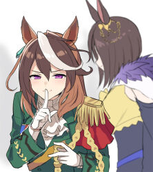 2girls aiguillette air_groove_(empress_road)_(umamusume) air_groove_(umamusume) animal_ears ascot bow breasts brown_hair buttons cape commentary_request double-breasted earrings epaulettes gloves green_jacket hair_between_eyes horse_ears horse_girl jacket jewelry korean_commentary long_hair long_sleeves looking_at_viewer mauve medal multicolored_hair multiple_girls red_cape short_hair side_cape single_earring single_epaulette smile streaked_hair symboli_rudolf_(emperor's_path)_(umamusume) symboli_rudolf_(umamusume) umamusume violet_eyes white_ascot white_gloves white_hair 