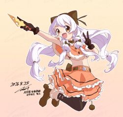 1girl black_gloves black_pantyhose bow brown_bow commentary_request dated frilled_skirt frills full_body gloves hair_ornament highres holding layered_skirt long_hair magical_girl mahou_shoujo_madoka_magica mahou_shoujo_madoka_magica:_walpurgis_no_kaiten megitti momoe_nagisa momoe_nagisa_(magical_girl) open_mouth orange_skirt pantyhose skirt smile solo soul_gem_(madoka_magica) v white_hair