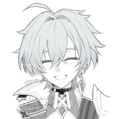  1boy ahoge armor artist_name blush cape choker closed_eyes collared_shirt commentary_request crossed_bangs earrings genshin_impact greyscale hair_between_eyes happy highres jacket jewelry lapels lohen_(genshin_impact) male_focus mole mole_under_eye monochrome open_clothes open_jacket open_mouth ppp_nkt10 shirt short_hair shoulder_armor simple_background single_earring smile solo teeth tongue two-sided_fabric two-sided_jacket upper_body watermark 