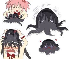 2girls akemi_homura animal animalization black_hair bow glasses hair_bow hair_ribbon hairband highres hqmn kaname_madoka long_hair mahou_shoujo_madoka_magica mahou_shoujo_madoka_magica_(anime) mitakihara_school_uniform multiple_girls octopus open_mouth person_and_animalization pink_hair purple_eyes red-framed_eyewear ribbon school_uniform semi-rimless_eyewear short_hair short_twintails simple_background smile tentacles twintails under-rim_eyewear wet white_background