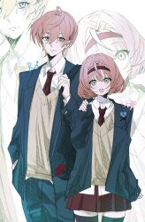  1boy 1girl :d ahoge bandage_on_face bandages black_thighhighs blazer blue_pants blush brown_hair collared_shirt cowboy_shot degrees_of_lewdity dot_nose double-parted_bangs expressionless green_eyes hair_between_eyes hairband hand_in_pocket hand_up height_difference highres holding_strap jacket lapels looking_at_viewer mars_symbol miniskirt necktie nn79416498386 notched_lapels open_clothes open_jacket pants red_hairband red_necktie robin_(degrees_of_lewdity) robin_(female)_(degrees_of_lewdity) robin_(male)_(degrees_of_lewdity) school_uniform shirt short_hair simple_background skirt sleeves_past_wrists smile sweater thigh-highs third-party_source untucked_shirt v-neck venus_symbol white_shirt yellow_sweater zoom_layer 