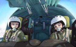  2girls camouflage cockpit discmod flight_suit helmet highres military_combat_uniform military_uniform multiple_girls original russian_air_force self-upload sitting su-34 