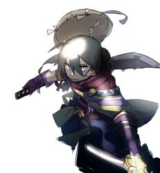  1boy ahoge anpolly blue_eyes blue_pants commentary_request cross_scar dual_wielding fuurai_(sekaiju) fuurai_1_(sekaiju) gloves hair_between_eyes hakama hakama_pants holding japanese_clothes looking_at_viewer male_focus pants ponytail purple_gloves sandogasa scar scar_on_cheek scar_on_face sekaiju_no_meikyuu sekaiju_to_fushigi_no_dungeon simple_background smile solo white_background 