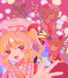  4girls :3 ascot blonde_hair blush_stickers clone closed_mouth collared_shirt commentary_request crystal crystal_wings danmaku flandre_scarlet four_of_a_kind_(touhou) frilled_shirt_collar frills hat hat_ribbon laevatein_(touhou) looking_at_viewer mob_cap multicolored_wings multiple_girls one_eye_closed one_side_up open_mouth pink_background red_eyes red_skirt red_vest ribbon shirotama shirt simple_background skirt skirt_set smile touhou vest white_hat white_shirt wings yellow_ascot 