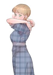  1girl aqua_eyes blonde_hair blue_dress character_request commentary_request dress earrings highres jewelry korean_commentary let_ink pale_skin pixie_cut plaid_clothes plaid_dress re-blooming short_hair solo very_short_hair white_background 