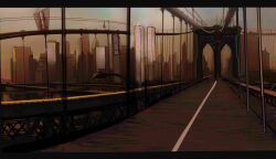  9/11 bad_perspective bridge brooklyn_bridge building cityscape commentary_request highres jpeg_artifacts letterboxed new_york_city no_humans outdoors perspective real_life real_world_location sketch skyline skyscraper story_in_commentary twilight vanishing_point wctbf622 world_trade_center 
