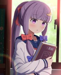  1girl alternate_costume alternate_hairstyle blue_bow blue_sailor_collar blush book bow commentary_request contemporary crescent crescent_hair_ornament hair_bow hair_ornament highres holding holding_book lens_flare long_hair long_sleeves looking_at_viewer missing_headwear multiple_hair_bows neckerchief open_mouth patchouli_knowledge pokedialga ponytail purple_hair red_bow red_neckerchief sailor_collar shirt solo touhou upper_body violet_eyes white_shirt 