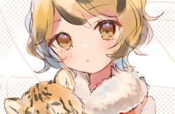  1girl black_streaks blonde_hair closed_mouth fur_collar looking_at_viewer multicolored_hair nig_18 portrait short_hair solo streaked_hair tiger toramaru_shou touhou white_background yellow_eyes 