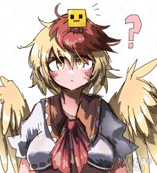  1girl ? absurdres animal_on_head artist_name baby_animal bird bird_on_head bird_wings blonde_hair blush bright_pupils chick closed_mouth commentary_request eye20806972 highres looking_at_viewer multicolored_hair neckerchief niwatari_kutaka on_head red_hair red_neckerchief sci-twi short_hair simple_background touhou twilight_sparkle two-tone_hair upper_body white_background white_pupils wings yellow_eyes yellow_wings 