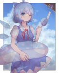 1girl absurdres ahoge animal_ears blue_dress blue_eyes blue_hair blue_sky cat_ears cirno closed_mouth clouds collared_shirt commentary cooler dress highres innertube looking_at_viewer matcha_yado one_eye_closed outdoors shirt short_hair short_sleeves sky solo touhou white_shirt 