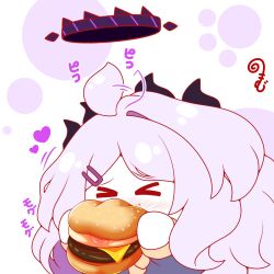  >_< ahoge ahoge_wag blue_archive blue_dress blush closed_eyes dress eating expressive_hair food food_on_face grey_hair halo heart highres hina_(blue_archive) holding holding_food horns kurukurumagical long_hair motion_lines nose_blush parted_bangs single_hair_intake solo tsukimi_burger upper_body very_long_hair white_background 