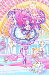  1girl absurdres ahoge commentary dancing demon_girl demon_horns dress english_commentary flower heart heart_ahoge heterochromia highres horns indie_virtual_youtuber ironmouse looking_at_viewer multicolored_hair ohyasumimi pink_hair pointy_ears purple_hair red_eyes see-through_horns solo streaked_hair violet_eyes virtual_youtuber white_dress white_flower 