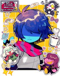  1girl 1other 2boys :3 :d androgynous armlet armor artist_name bandaid black_bodysuit black_boots black_hair black_jacket blue_hair blue_skin blush_stickers bodysuit boots border bow bracelet breastplate cape chibi chibi_inset cloak closed_eyes clouds coffee coffee_mug colored_skin colored_teeth commentary_request corded_phone cup deltarune dollar_sign full_body furry furry_female furry_male goat_boy green-framed_eyewear green_cloak grid_background grin hair_over_eyes hair_slicked_back heart heterochromatic_eyewear horns jacket jewelry jumping kris_(dark_world)_(deltarune) kris_(deltarune) light_frown long_hair long_nose mug multiple_boys no_eyes open_mouth outline outside_border pants phone pink-tinted_eyewear pink_cape pink_horns pink_scarf polka_dot polka_dot_bow puppet purple_bow purple_hair purple_pants purple_shirt rainbow ralsei repikinoko reptile_girl round_eyewear scarf shaded_face sharp_teeth shirt short_hair signature sitting smile spamton_g._spamton sparkle spiked_armlet spiked_bracelet spikes steam striped_bow striped_cape susie_(dark_world)_(deltarune) susie_(deltarune) talking_on_phone teeth tinted_eyewear twitter_username two-tone_cape ufo upper_body utdr_(toby_fox) watermark white_border white_fur white_outline white_skin yellow-tinted_eyewear yellow_background yellow_bow yellow_teeth 