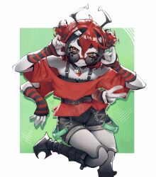  1girl ahoge antennae arthropod_girl arthropod_limbs beastiez beri_(beribug) black_hair black_overalls colored_sclera colored_skin double_bun extra_arms green_eyes grey_sclera grey_skin hair_between_eyes hair_bun highres ladybug_girl looking_at_viewer mleakie monster_girl multicolored_eyes multicolored_hair overall_shorts overalls red_eyes red_hair red_shirt shirt solo sunglasses v virtual_youtuber 