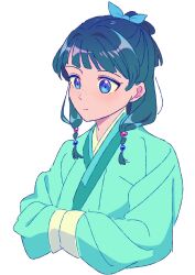  1girl beads blue_bow blue_eyes bow chinese_clothes closed_mouth commentary_request freckles green_hair green_hanfu hair_beads hair_bow hair_ornament hanfu highres korean_commentary kusuriya_no_hitorigoto maomao_(kusuriya_no_hitorigoto) own_hands_together ryeongrry11 short_hair solo upper_body 