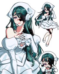  1girl alien_stage bandana commentary dress elbow_gloves gloves green_hair hair_between_eyes highres long_hair looking_at_viewer off-shoulder_dress off_shoulder open_mouth rrrn_rururi simple_background smile solo sua_(alien_stage) sua_(zombie_stage) thick_eyebrows violet_eyes white_background white_bandana white_dress white_gloves zombie_stage 