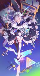 1girl absurdres apron armband beaker black_dress black_shoes blue_flower bruise bruise_on_face bruise_on_knee bruise_on_leg colorful_background commentary_request dress flower from_above full_body game_over grey_eyes grey_hair hair_flower hair_ornament hair_over_one_eye hand_on_own_knee health_bar high_heels highres holding holding_tray injury isekaijoucho kamitsubaki_studio knee_up lace-trimmed_dress lace_trim long_hair long_sleeves looking_at_viewer maid maid_apron maid_headdress nyansky pantyhose pill pumps scissors shoes side_part sitting sleeve_cuffs solo syringe tray virtual_youtuber white_apron white_pantyhose 