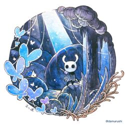  1other black_eyes black_skin blue_butterfly bug butterfly cloak colored_skin commentary damurushi full_body grey_cloak highres hollow_eyes hollow_knight horned_mask horns knight_(hollow_knight) mask nail_(hollow_knight) shell standing twitter_username untranslatable_commentary weapon weapon_on_back white_mask 