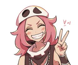  1girl armpits bandana bandana_around_neck black_bandana black_tank_top blush_stickers closed_eyes grin hat korean_text pink_hair pokemon pokemon_sun_and_moon smile solo ssalbulre tank_top team_skull_grunt team_skull_grunt_(female) team_skull_uniform translation_request upper_body v 