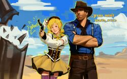 1boy 1girl absurdres arthur_morgan beard beret blonde_hair brown_facial_hair brown_hair connected_beard corset cowboy cowboy_hat cowboy_western crossover drill_hair facial_hair gun hat highres holding holding_gun holding_weapon magical_girl mahou_shoujo_madoka_magica mahou_shoujo_madoka_magica_(anime) mitakihara_school_uniform red_dead_redemption_(series) red_dead_redemption_2 school_uniform striped_clothes striped_thighhighs thighhighs tomoe_mami tomoe_mami_(magical_girl) totalmortal twin_drills vertical-striped_clothes vertical-striped_thighhighs weapon