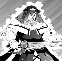  1girl absurdres bang_dream! bang_dream!_yumemita bare_shoulders dress feathered_wings fuji_miyako greyscale hairband highres holding holding_sword holding_weapon manlification masters_of_the_universe mini_wings monochrome muscular muscular_female off-shoulder_dress off_shoulder open_mouth solo somechime_(sometime1209) star_(symbol) suiseiken_nagare sword veil weapon wings 