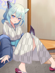  1girl absurdres animal_ears blue_archive green_hair halo highres japanese_clothes kimono looking_at_viewer medium_hair official_alternate_costume purple_halo shigure_(blue_archive) shigure_(hot_spring)_(blue_archive) solo tail thighs user_tehp4453 violet_eyes weasel_ears weasel_tail yukata 