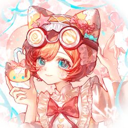  1girl absurdres animal_ear_hairband animal_ears blue_eyes bow bowtie candy_hair_ornament cat_ear_hairband cat_ears chinese_commentary closed_mouth commentary_request commission facial_mark fake_animal_ears food food-themed_hair_ornament frilled_shirt frills goggles goggles_on_head hair_ornament hairband hands_up heart heart_facial_mark highres holding holding_food identity_v looking_at_viewer orange_hair parted_bangs portrait qingzheng_xuan red_bow red_bowtie shirt shirt_bow short_hair short_sleeves smile solo star_(symbol) star_hair_ornament symbol-shaped_pupils tracy_reznik tracy_reznik_(candy_girl) white_shirt x-shaped_pupils yellow_hairband 