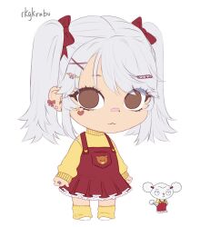  1boy :3 artist_name bandaid bandaid_on_face bandaid_on_nose bow bow_earrings breast_pocket brown_eyes chibi child crossdressing crossdressing_(mtf) dress earrings facial_mark family_guy hair_bow hair_ornament hairclip heart heart_facial_mark highres humanization jewelry looking_at_viewer loose_socks multiple_hairclips overall_skirt pocket red_bow red_dress reference_inset rkgkrabu shoes socks solo stewie_griffin sweater twintails white_background white_hair white_shoes yellow_socks yellow_sweater 