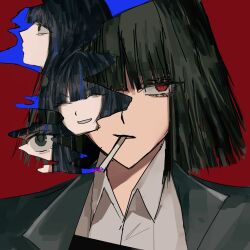  100n1oo 2girls absurdres araya_(project_moon) black_coat black_eyes black_hair blue_streaks cigarette closed_eyes coat commentary highres limbus_company mother_and_child mother_and_daughter multicolored_hair multiple_girls multiple_views one_eye_covered open_collar parent_and_child project_moon red_background red_eyes ryoshu_(project_moon) shirt short_hair smoke smoke_trail smoking streaked_hair white_shirt 